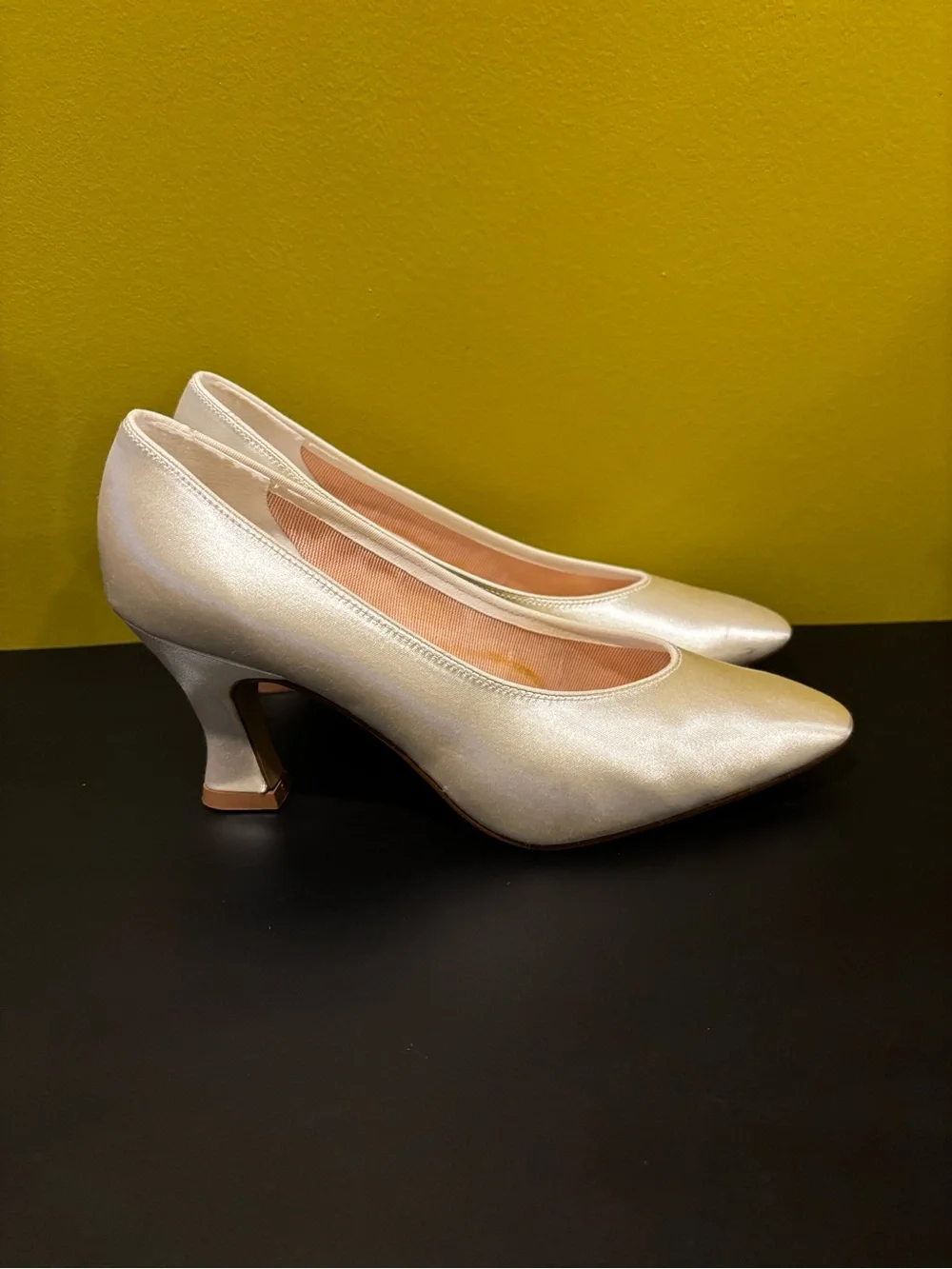 Cream satin Metallic Champagne Mid Heel Pumps